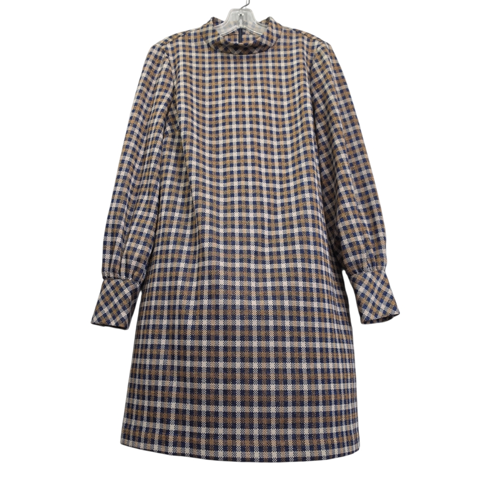 Calvin Klein Nwot  Plaid Creme Navy Gold Metalic Long-Sleeve Shift Dress